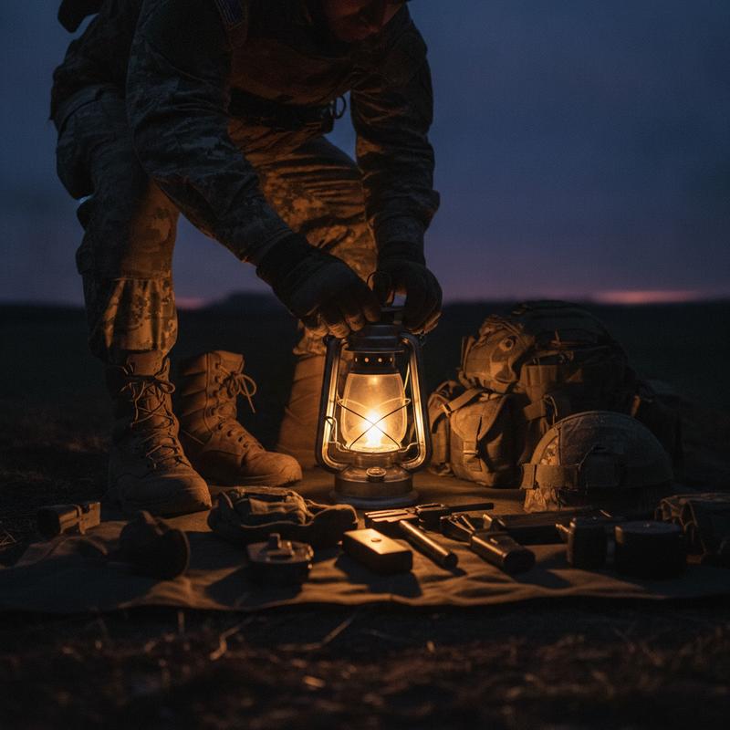Pre-dawn equipment check by lantern light, boots and gear laid out in disciplined order