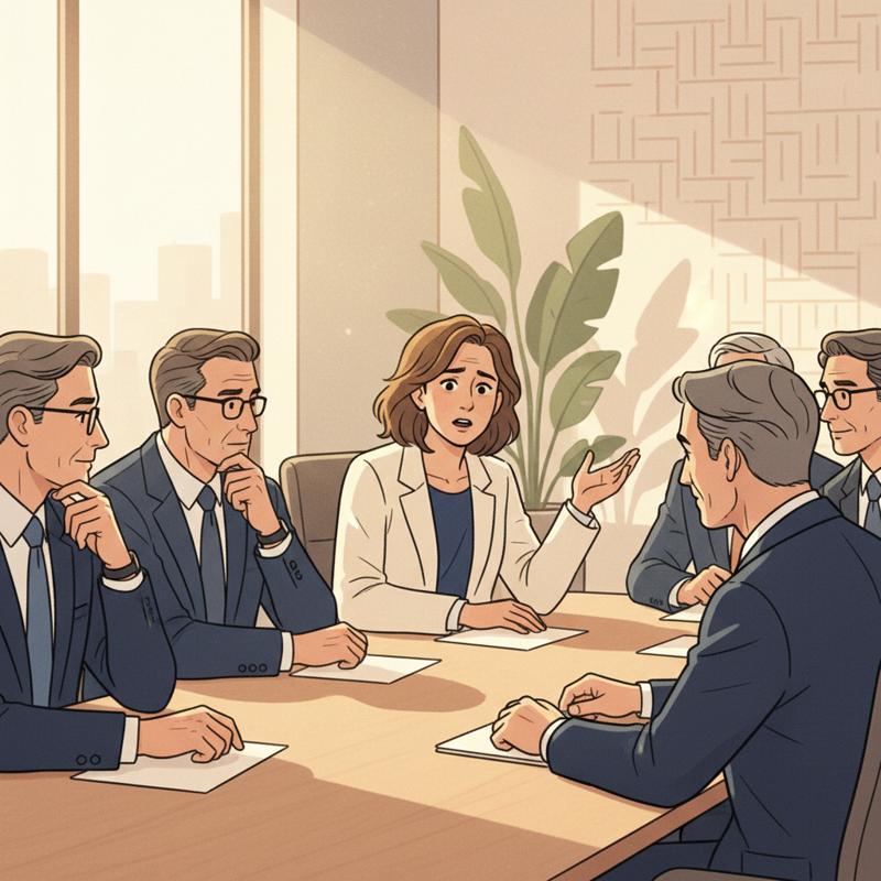 A professional in a boardroom meeting, pausing mid-presentation with a moment of honest realization