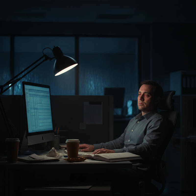 A professional sits alone at a desk late at night, a single lamp casting harsh shadows, eyes hollow and tired