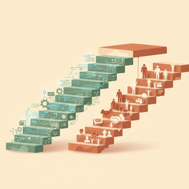 Two parallel career tracks rising side by side, one for technical excellence and one for people leadership