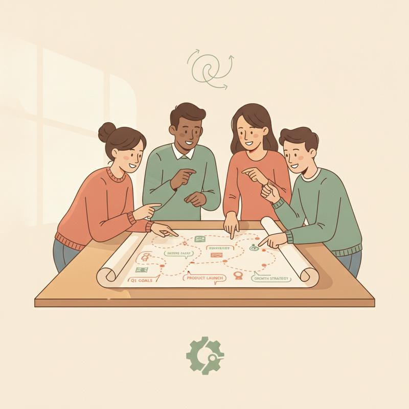 A small team gathered around a table, energized and aligned around a shared roadmap