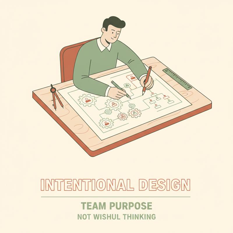 A leader carefully drafting a blueprint of gears and connected team structures at a drawing table
