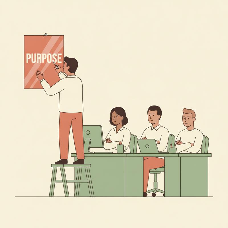A manager pinning a glossy PURPOSE poster to the wall while the team behind him sits unmoved and skeptical