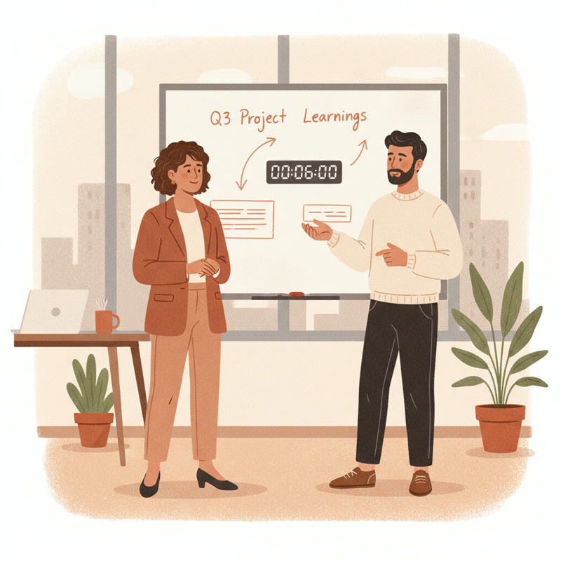 A manager and employee having a brief feedback conversation at a whiteboard