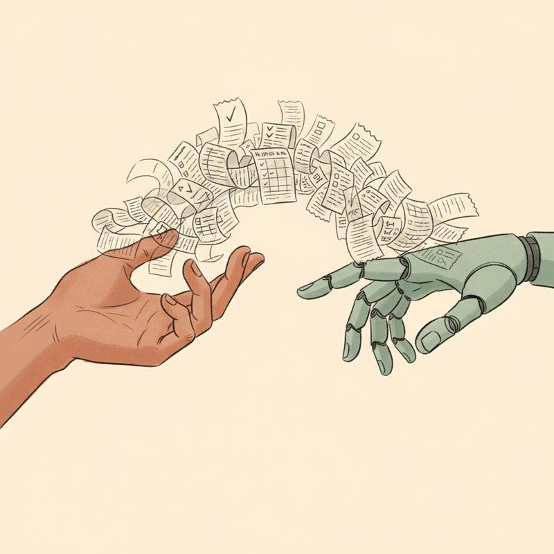 Human hand and AI hand with audit trail between them