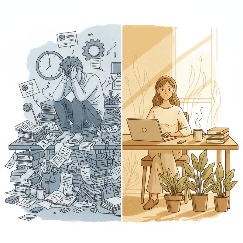 A contrast image showing overwhelm and chaos on the left, and calm focused work on the right