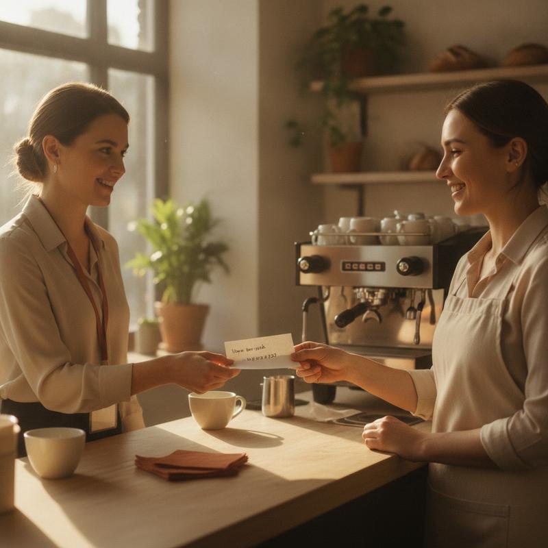 A woman with an office lanyard hands a handwritten note across a coffee shop counter to a smiling barista