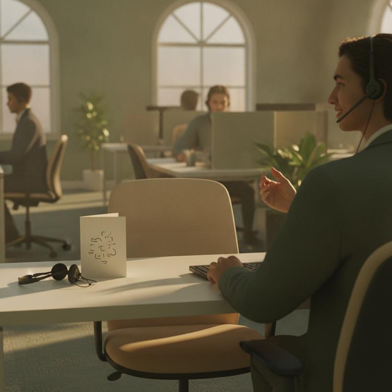 An empty call center desk with a headset and farewell card, a colleague at the next desk glancing toward it