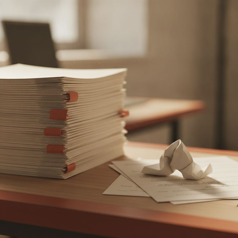 A stack of resumes on a desk with one crumpled and set aside in a reject pile