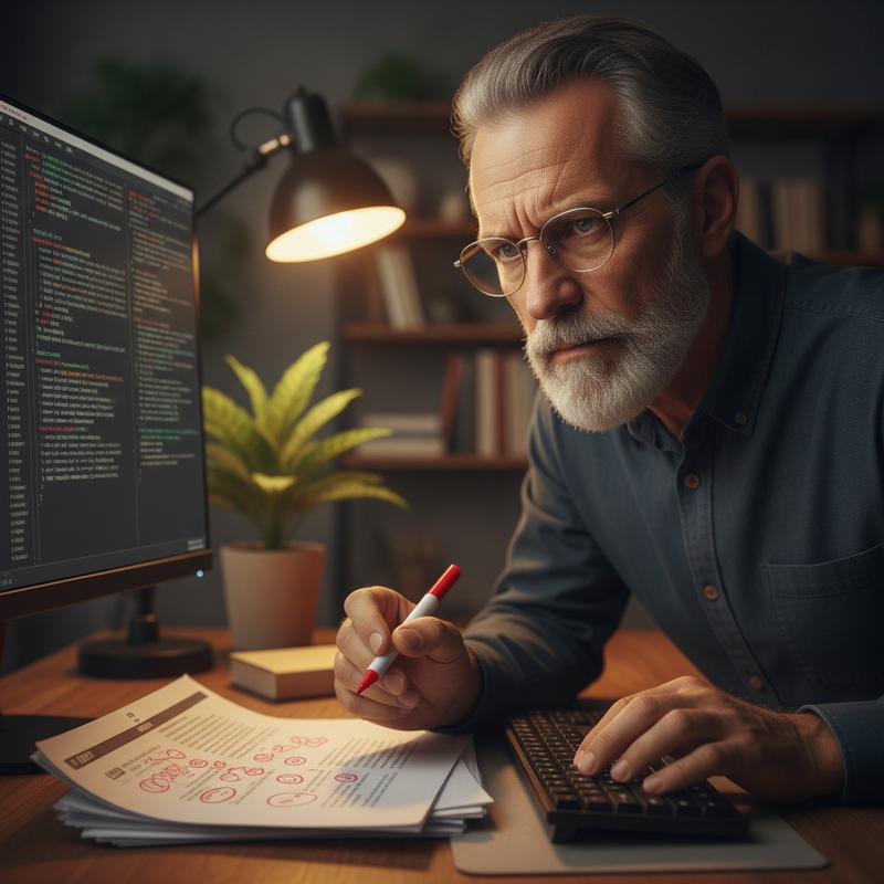 A senior engineer reviewing code on a monitor with a red pen, marking up a printed diff