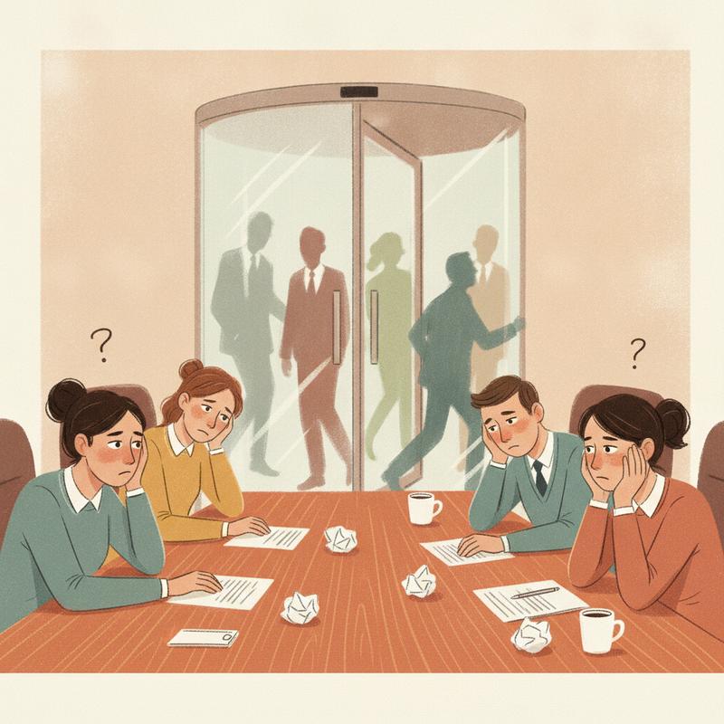 An exhausted team at a conference table, a revolving door of blurred managers behind them