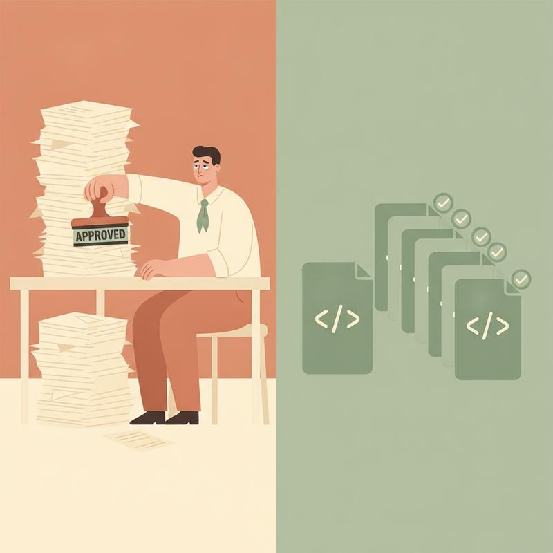 Illustration of a manager rubber-stamping a stack of papers marked APPROVED next to a neat row of code files each checked off