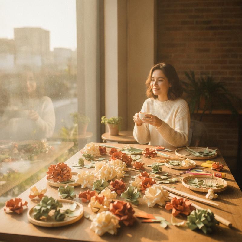 An origami artist sits by a sunny window enjoying a cup of coffee while her table of half-finished paper flowers waits for her
