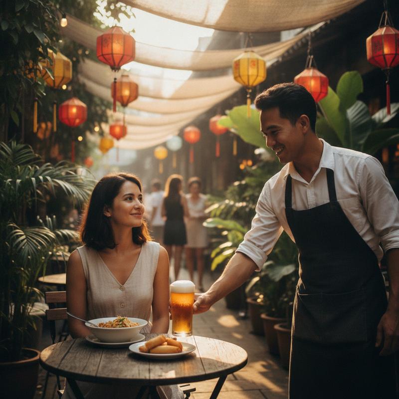 A smiling waiter at a Thai street cafe sets a cold glass of beer down in front of a relaxed customer under paper lanterns