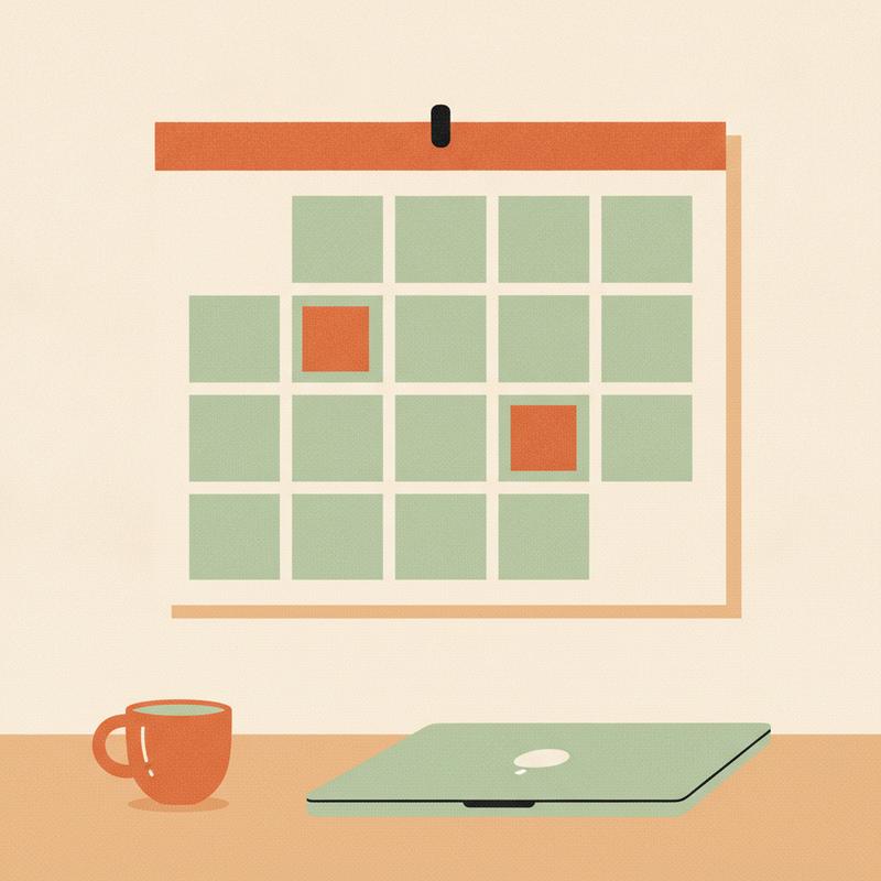 A wall calendar with the same terracotta sticky note placed on two different days, spaced apart, above a desk with a coffee mug and a laptop
