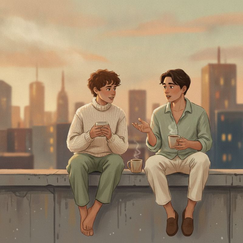 Two colleagues sitting on a rooftop at dusk having an honest unguarded conversation