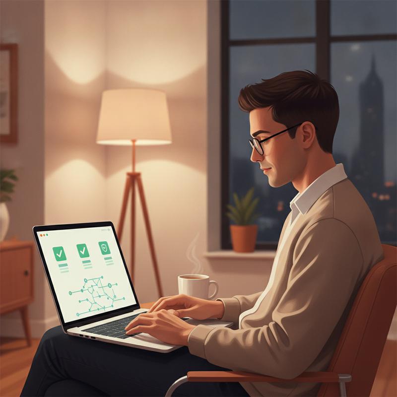A founder reviewing a calm, clean automated security scan dashboard late at night