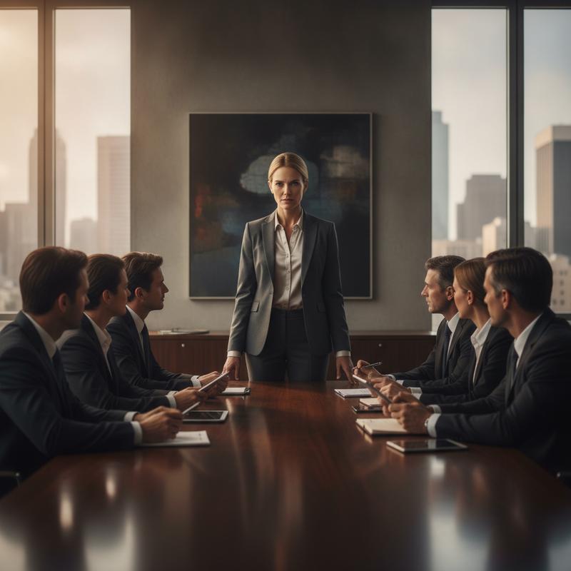 A confident leader standing at the head of a boardroom, team members engaged around the table