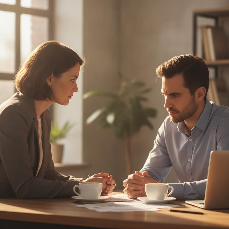 A manager having a direct, candid one-on-one conversation with an employee at a desk — serious but respectful
