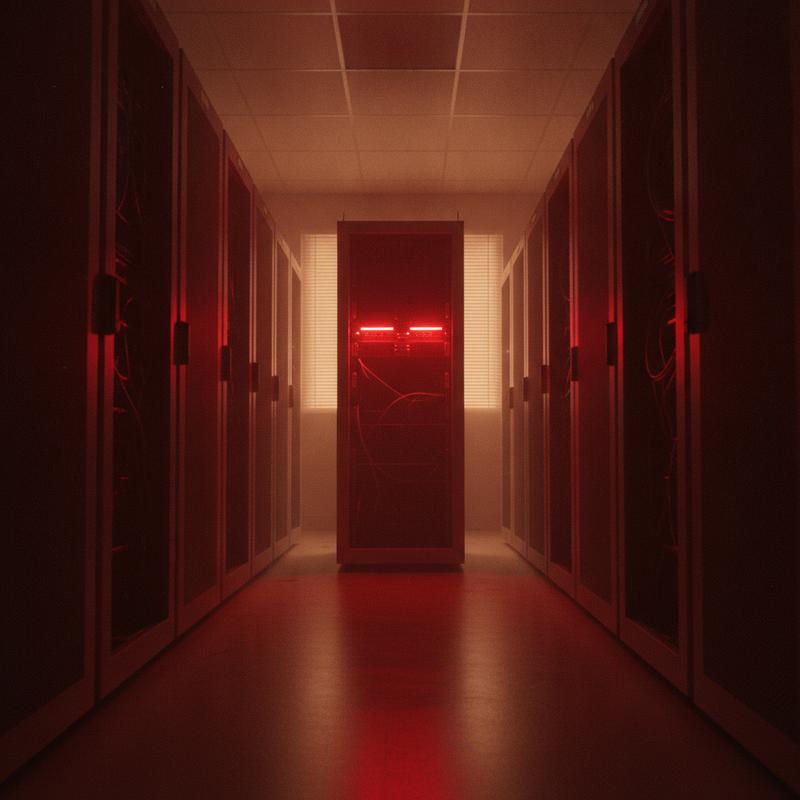 A dark server room with one rack glowing red while the rest sit idle