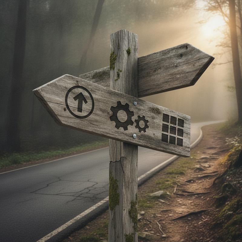 A weathered wooden signpost at a fork in a foggy forest trail, one path well-worn, the other rougher and heading uphill toward light