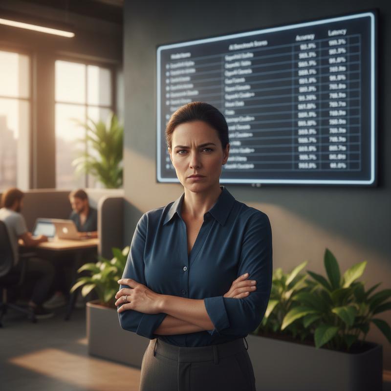 A skeptical engineering lead standing before a wall-mounted screen showing AI benchmark scores