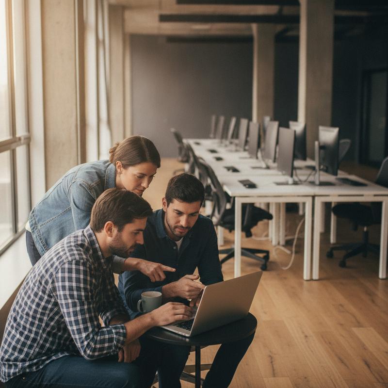 A small team of three software engineers gathered around one laptop, with empty desks behind them