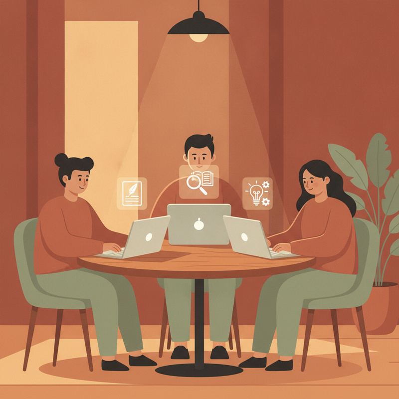 A small team of three around a table each using simple AI-assisted tools