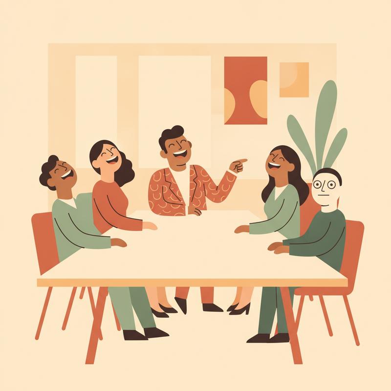 Five colleagues laughing at the boss's joke around a meeting table while one person sits stone-faced and unamused