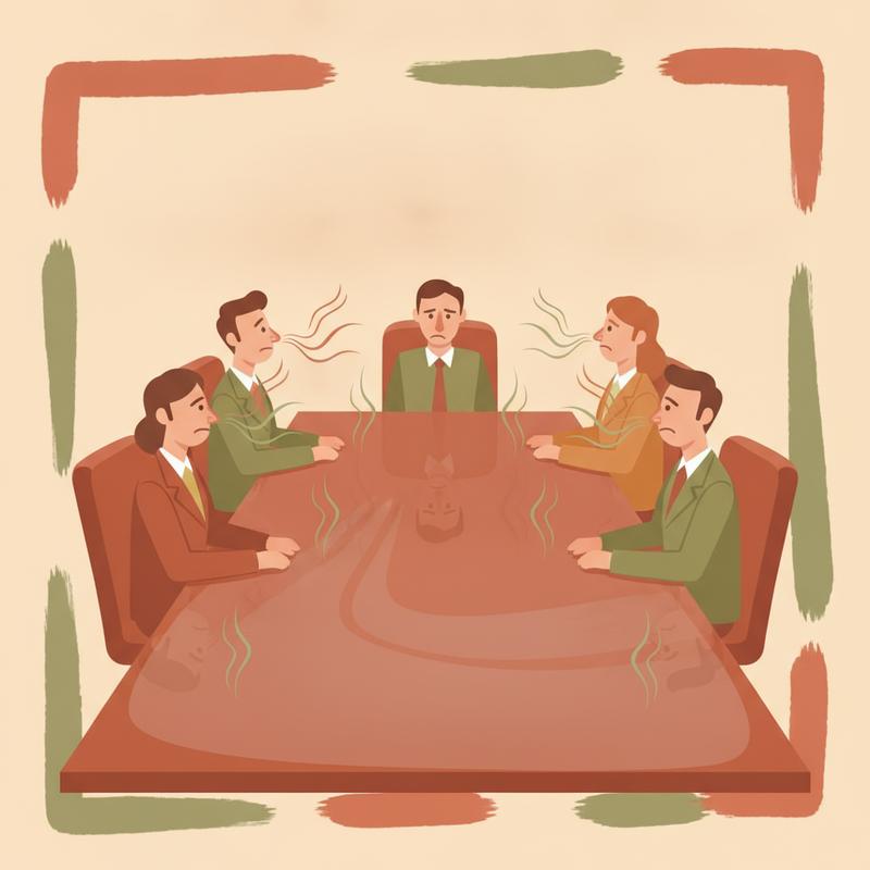 Faint wavy scent lines rising from a boardroom table toward the noses of seated employees who look unimpressed