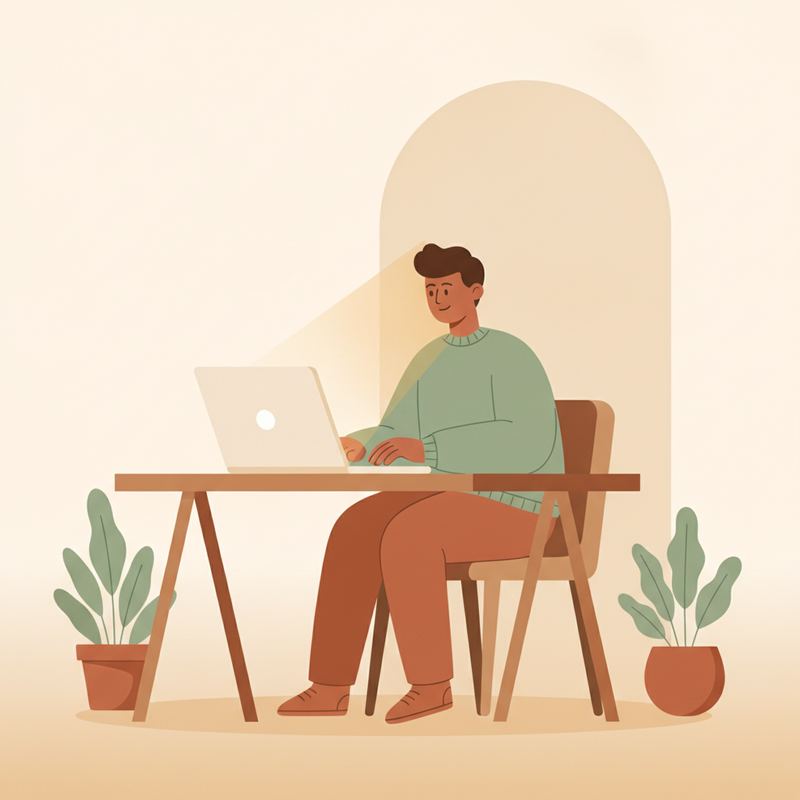 Warm illustration of a solo founder working alone at a desk with a glowing laptop screen