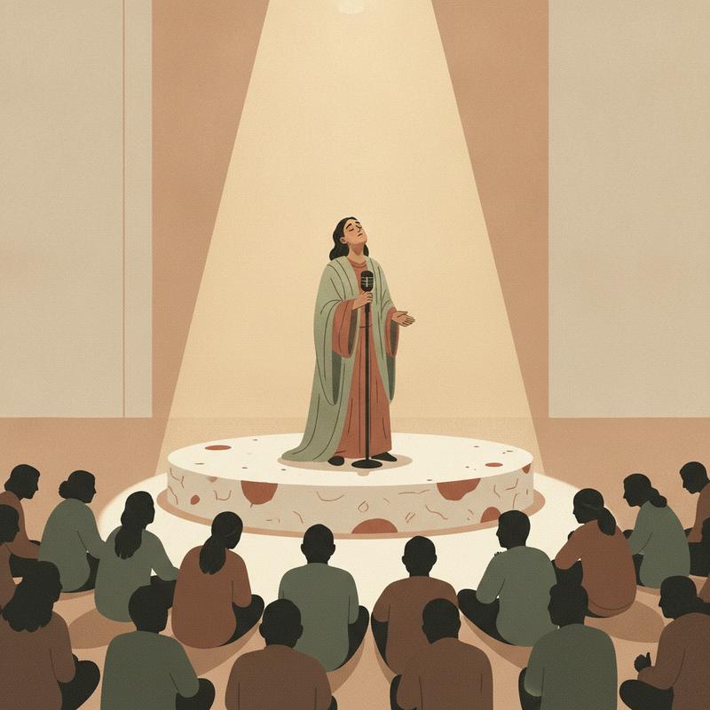 A leader on a raised stage confesses into a microphone under a spotlight while the audience sits in shadow below