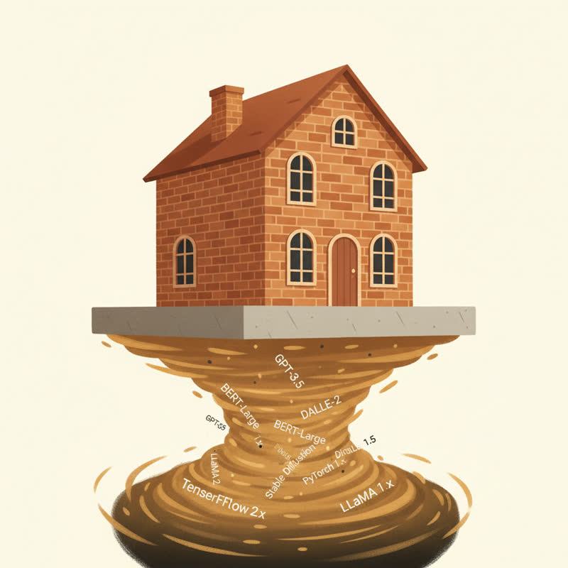 A sturdy house sitting on a solid concrete foundation above swirling AI model version numbers in shifting sand below