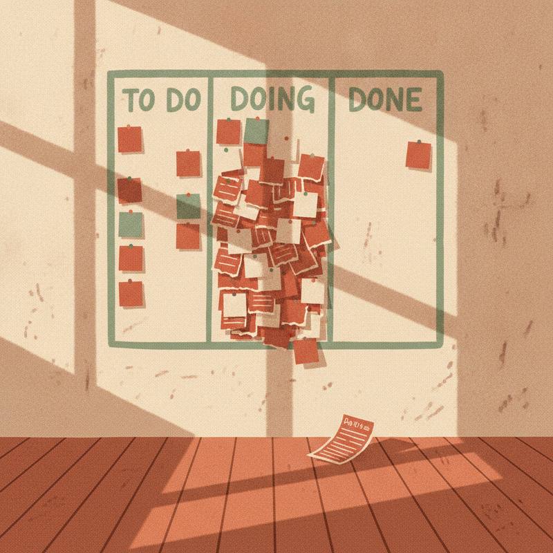 A kanban board with most cards stuck in the middle column and one on the floor, empty office at dusk, warm editorial illustration