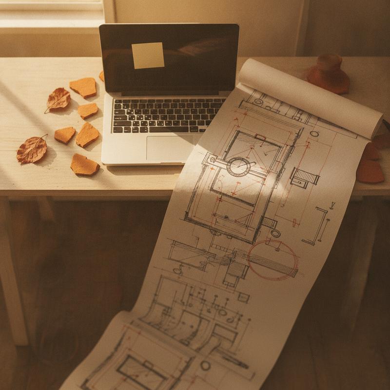 A small sticky note on a laptop beside a long roll of hand-drawn diagrams spilling off the desk