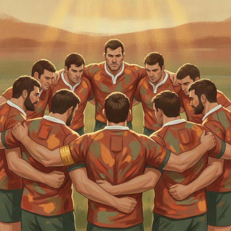 A rugby team huddled around one steady captain, warm golden light