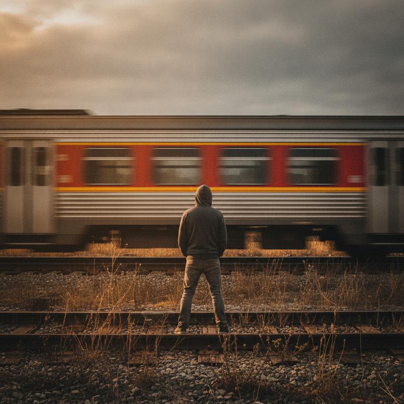 A lone figure standing firm on train tracks as a blurred train rushes past