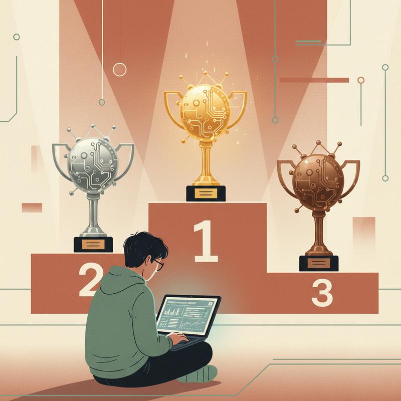 A long racing podium with three identical AI model trophies under spotlights, while in the foreground an engineer ignores them and focuses on a laptop showing live shipped product metrics
