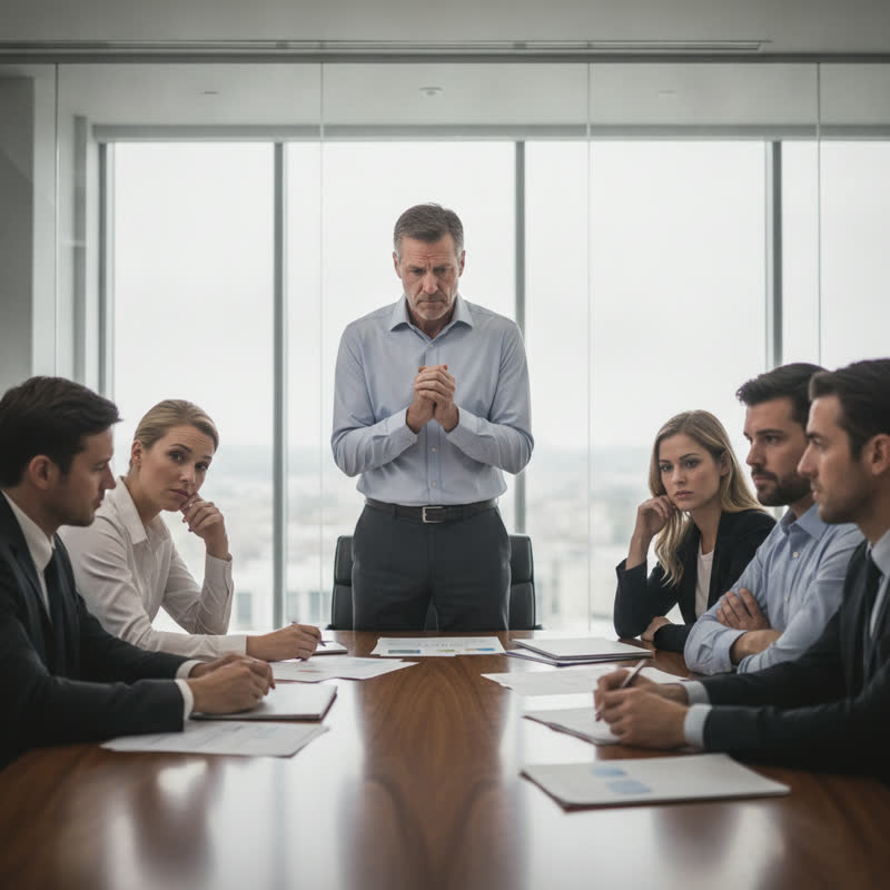 A tense manager stands at the front of a meeting room while the team sits visibly anxious and guarded