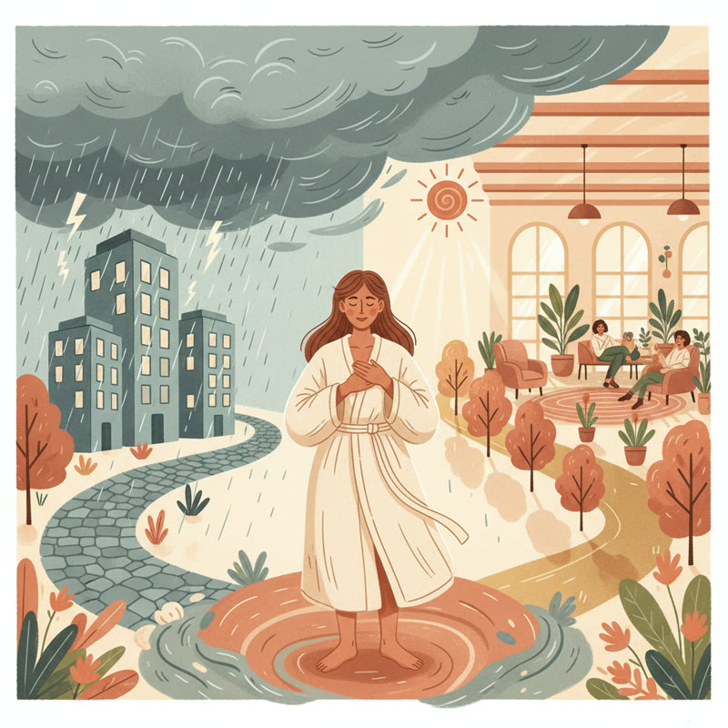 A person at a crossroads between a stressful grey office and a warm purposeful workplace