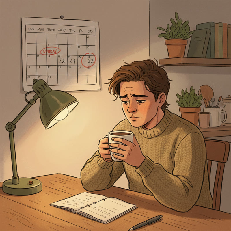 A person sitting alone on Sunday evening, coffee in hand, looking thoughtful