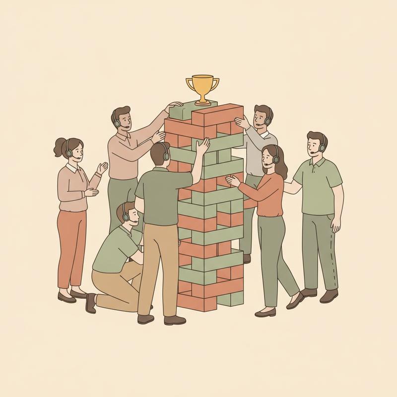 A contact center team wearing headsets stacks blocks into a solid tower with a small trophy resting on top