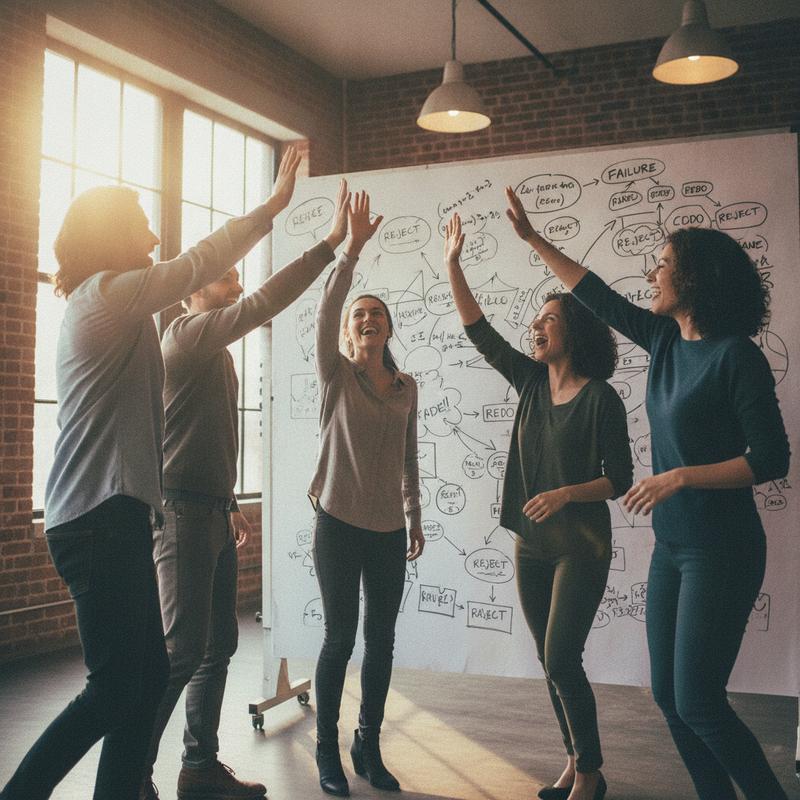 A team high-fiving around a whiteboard covered in scribbled ideas and crossed-out attempts