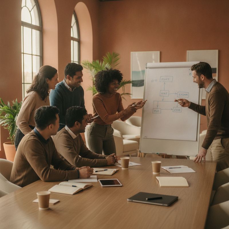 Small team of engineers collaborating around a shared whiteboard sketch