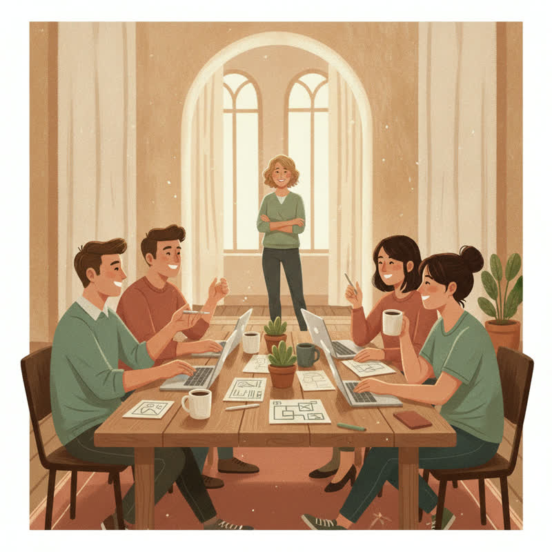 A relaxed software team collaborating around a table covered in sketches and laptops, while a manager stands several steps back in an open doorway, watching with quiet confidence