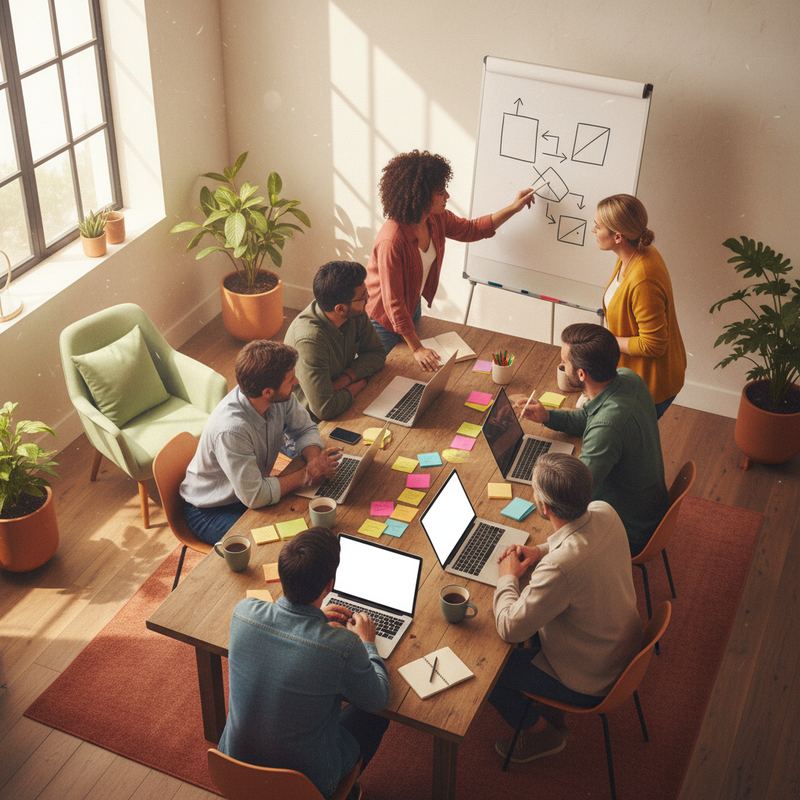 A team of engineers gathered around a table with laptops, sticky notes, and a whiteboard, deep in collaborative discussion