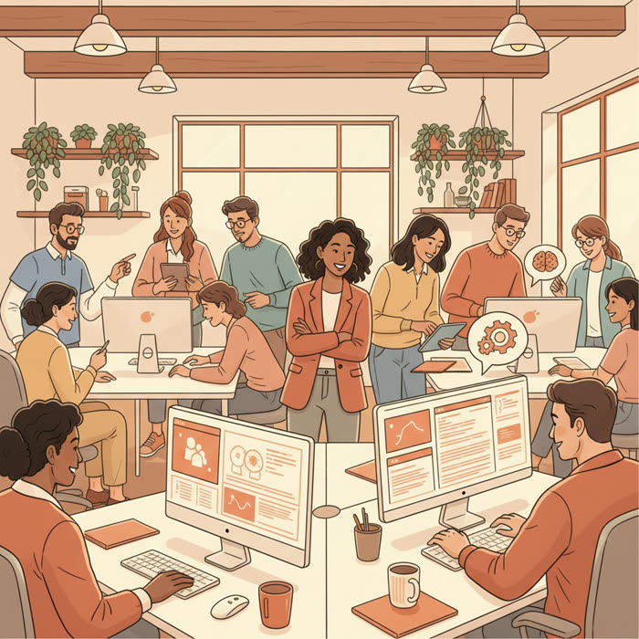 A diverse tech team openly using AI tools at their desks with a supportive, engaged leader standing among them