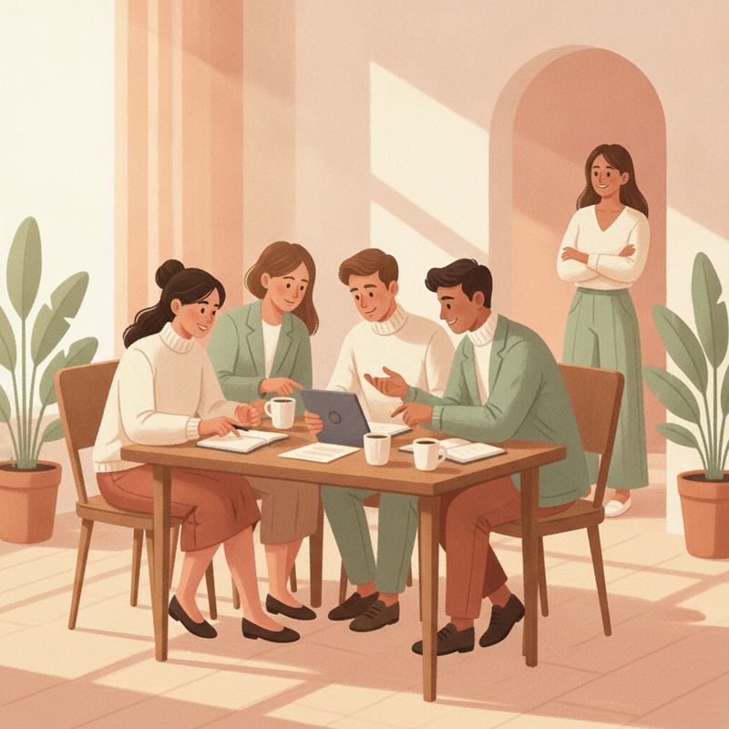 A small confident team working together at a table in warm sunlight, with a leader standing back near a doorway watching without hovering