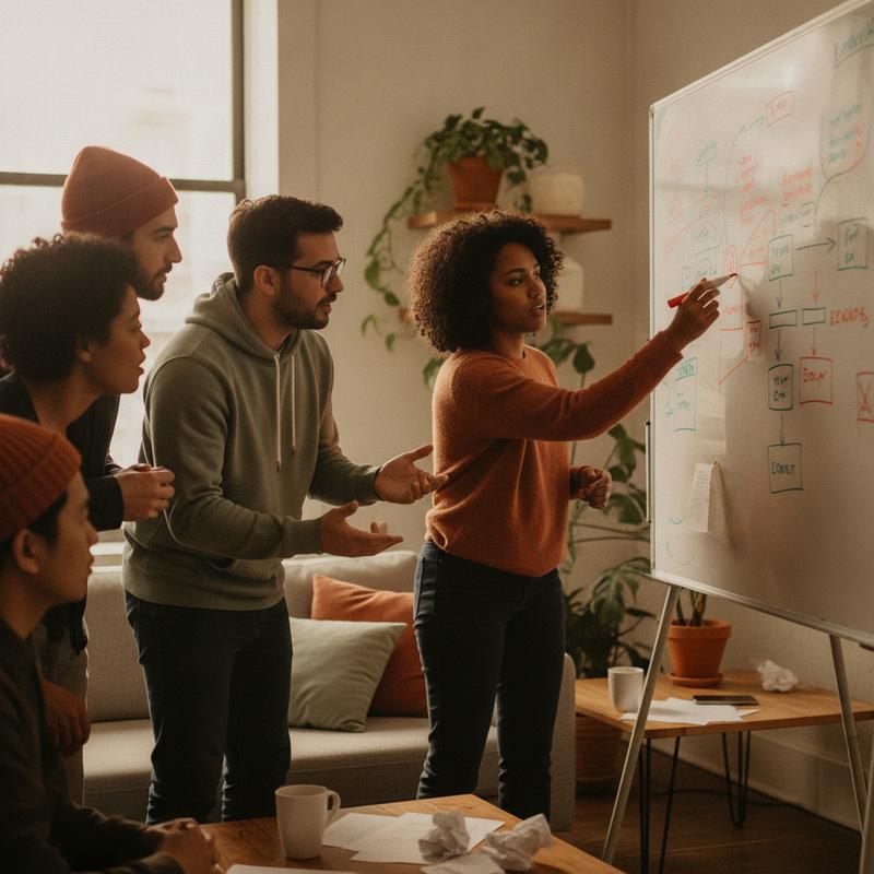 A small team gathered around a whiteboard, one engineer pointing at a mistake while the rest lean in with curiosity instead of judgment
