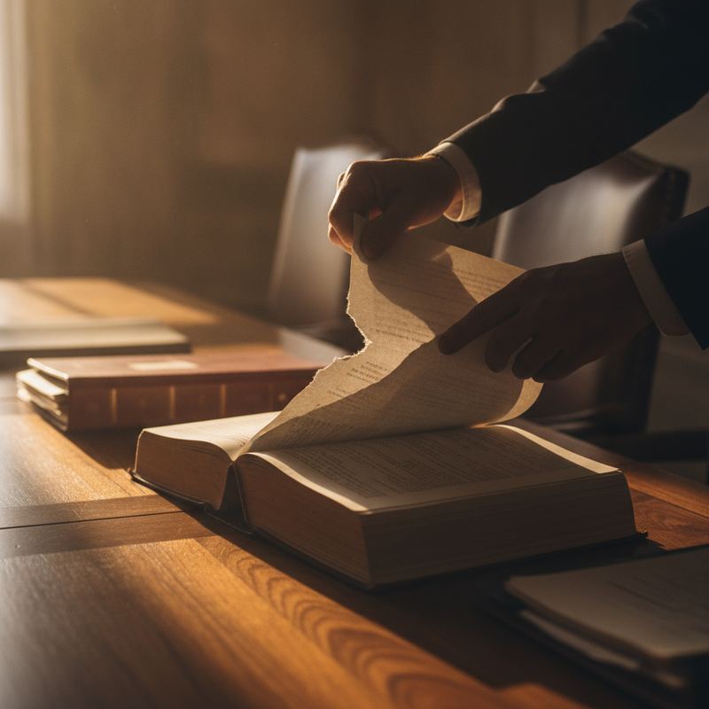Hands tearing a page from a thick policy manual on a wooden table